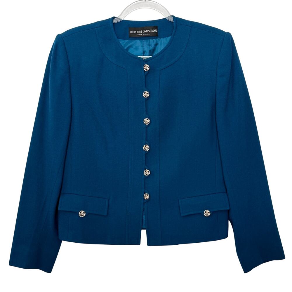 Herbert Grossman 1980s Teal Collarless Blazer Union Made USA Silver Button M